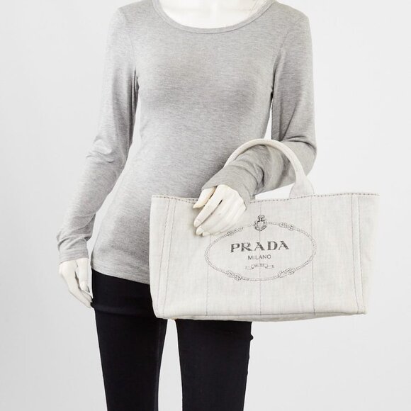 Prada Grey Canapa Denim Logo-Print Medium Tote Bag - Picture 1 of 10